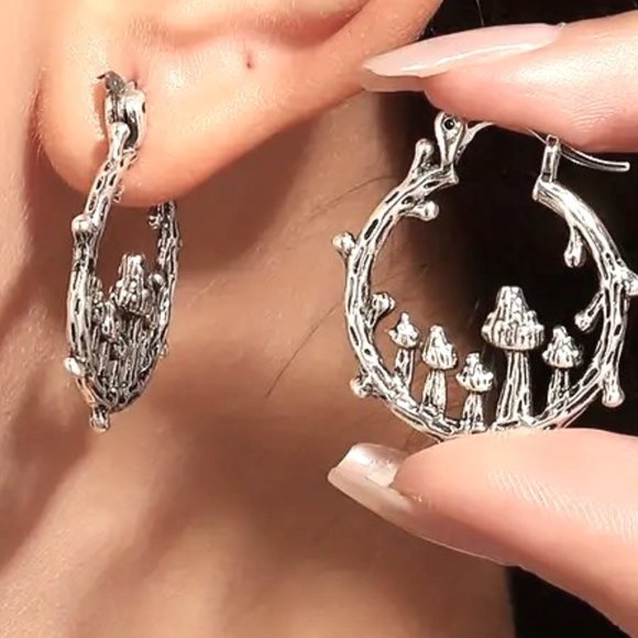 Earrings Mushroom Hoop 3D Retro Bohemian Style Silver Alloy Groovy Wonderland - Picture 3 of 3